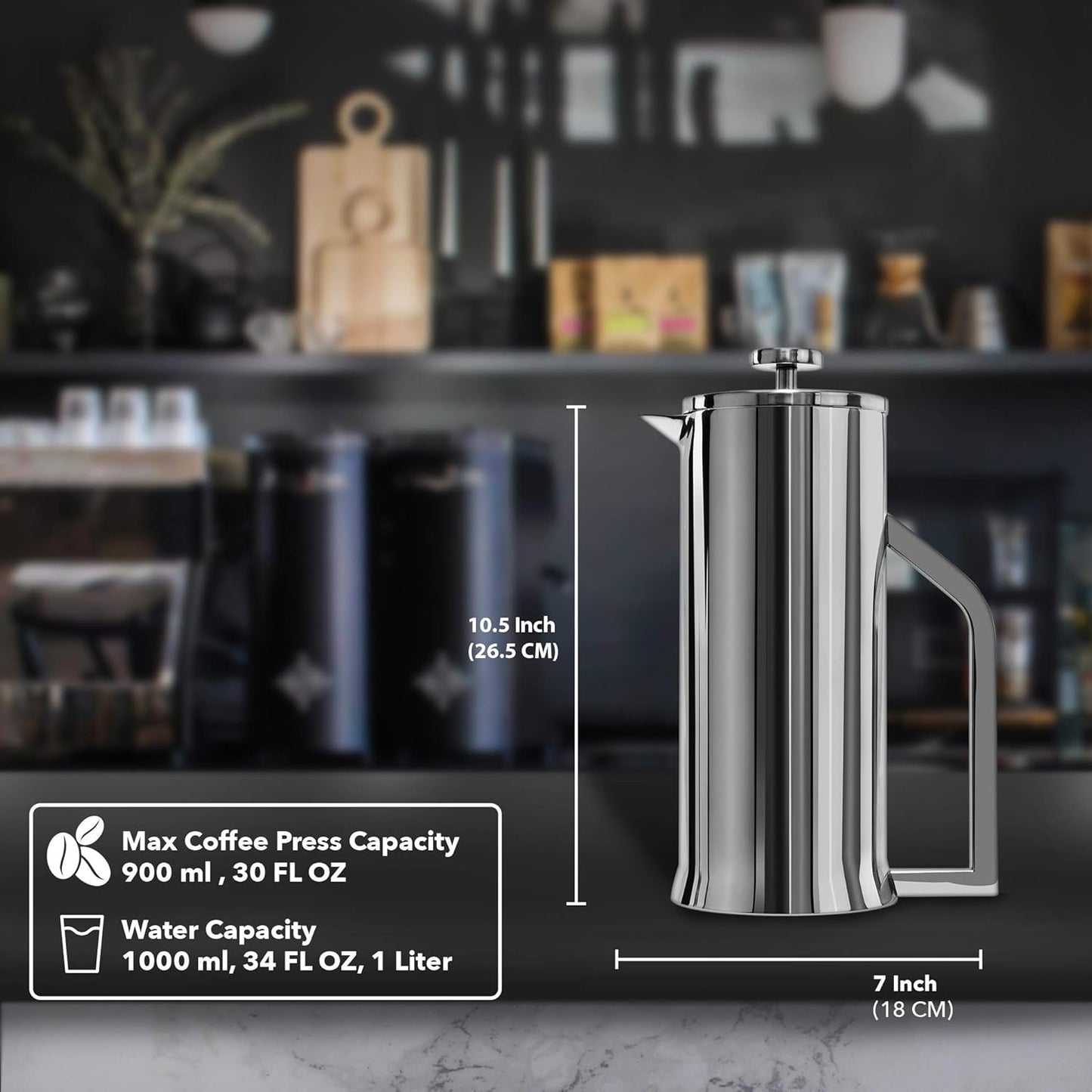French Press Coffee Maker - Stainless Steel Double Wall Vacuum Insulated - Large Thermal Brewer 34 Oz 1000 Ml Polished