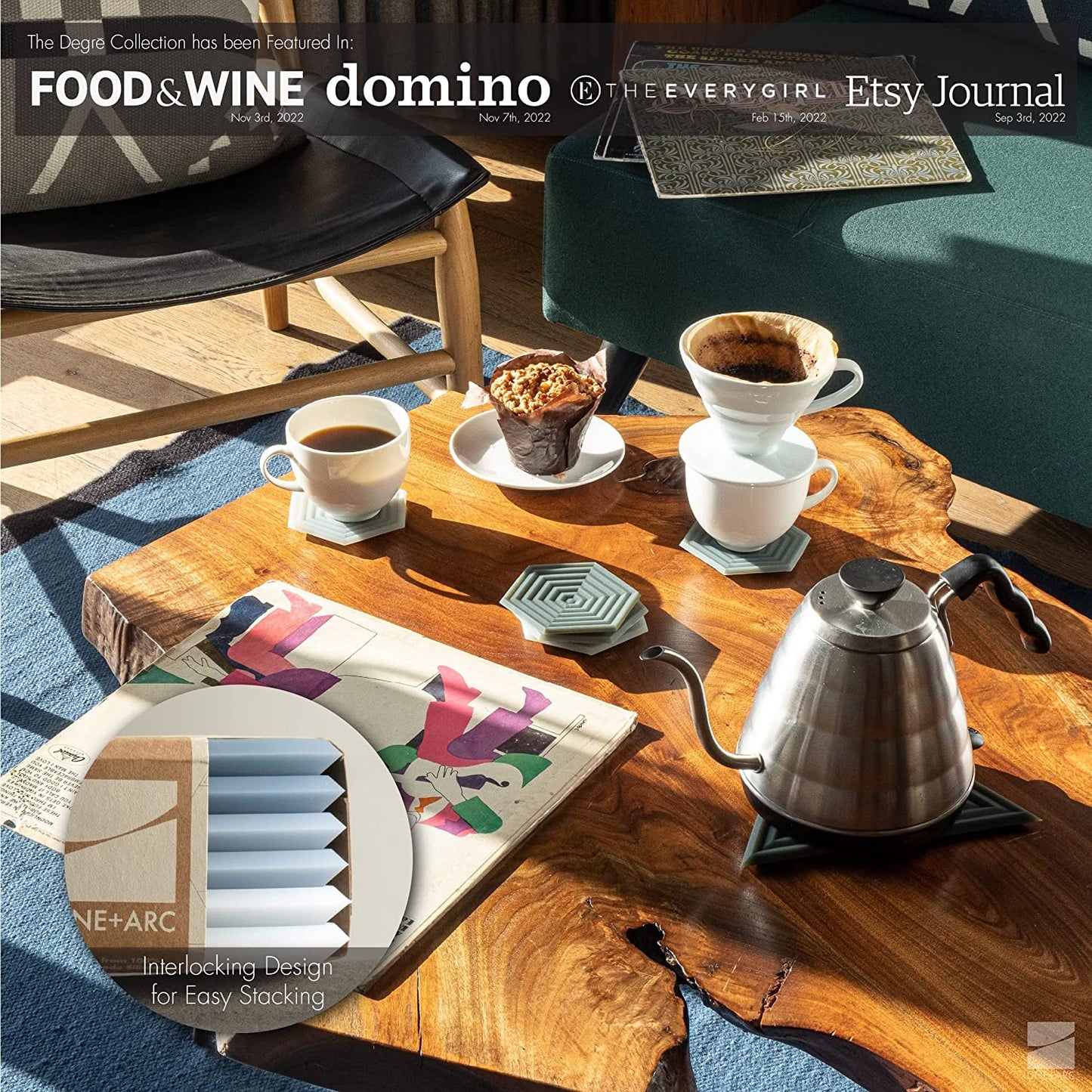 Extra Thick Silicone Coasters - Waterproof, Anti-Stain, Heat-Safe, and Dishwasher-Safe - Degrē Coasters Set of 6 in Clay - Ideal for Outdoor Use - Mid-Century Modern Design