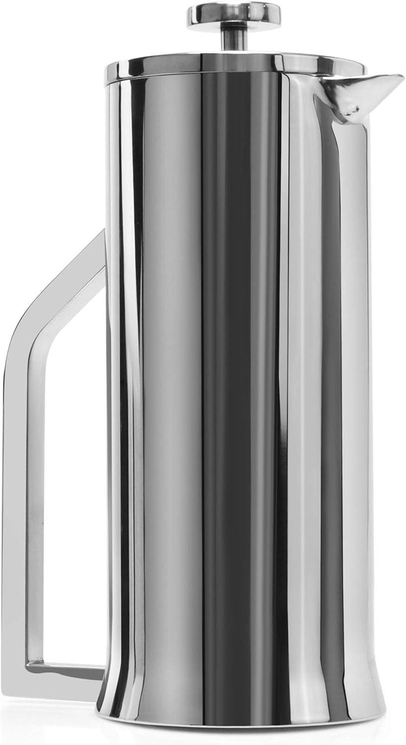 French Press Coffee Maker - Stainless Steel Double Wall Vacuum Insulated - Large Thermal Brewer 34 Oz 1000 Ml Polished