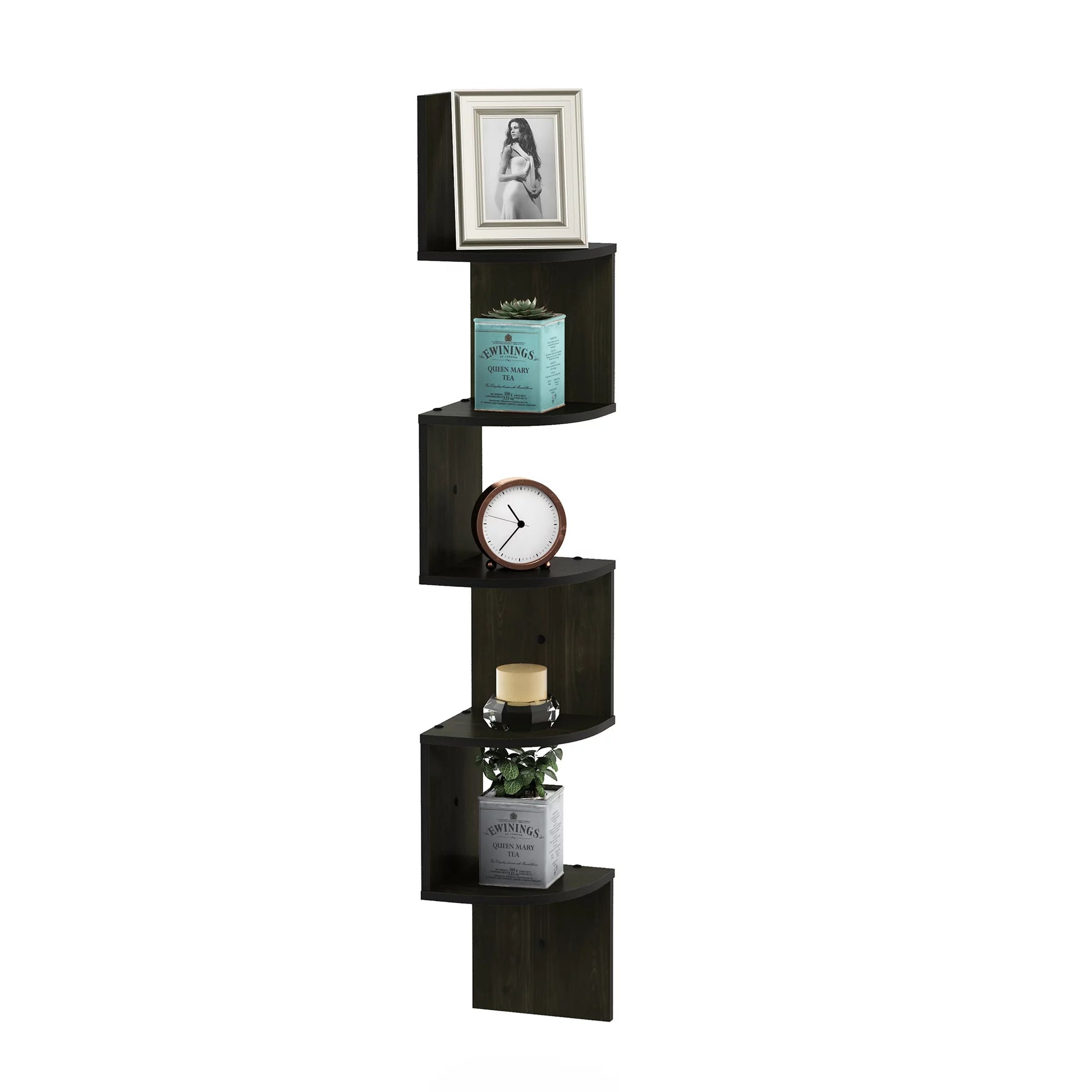 5-Tier Espresso Floating Corner Shelf for Storage and Display