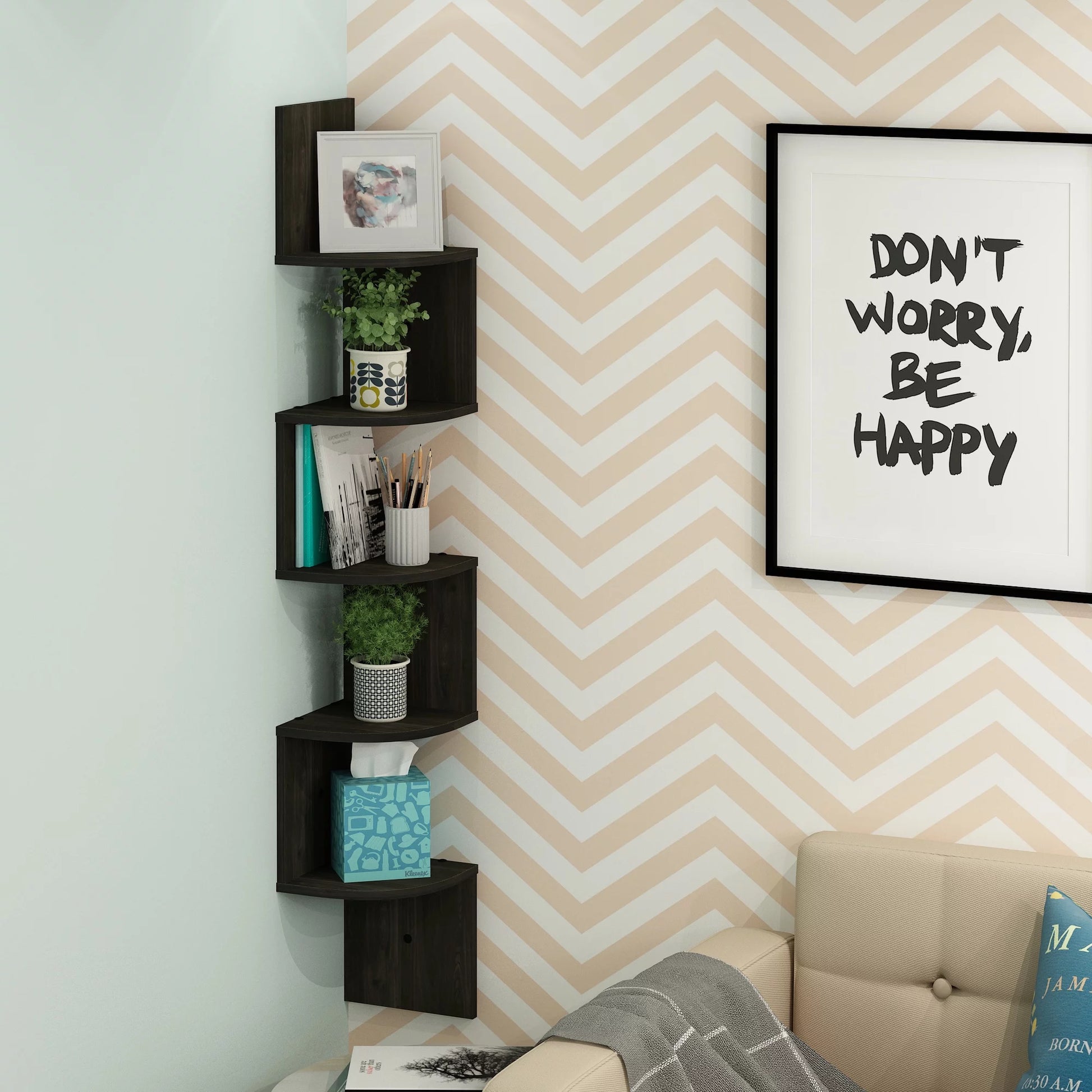 5-Tier Espresso Floating Corner Shelf for Storage and Display